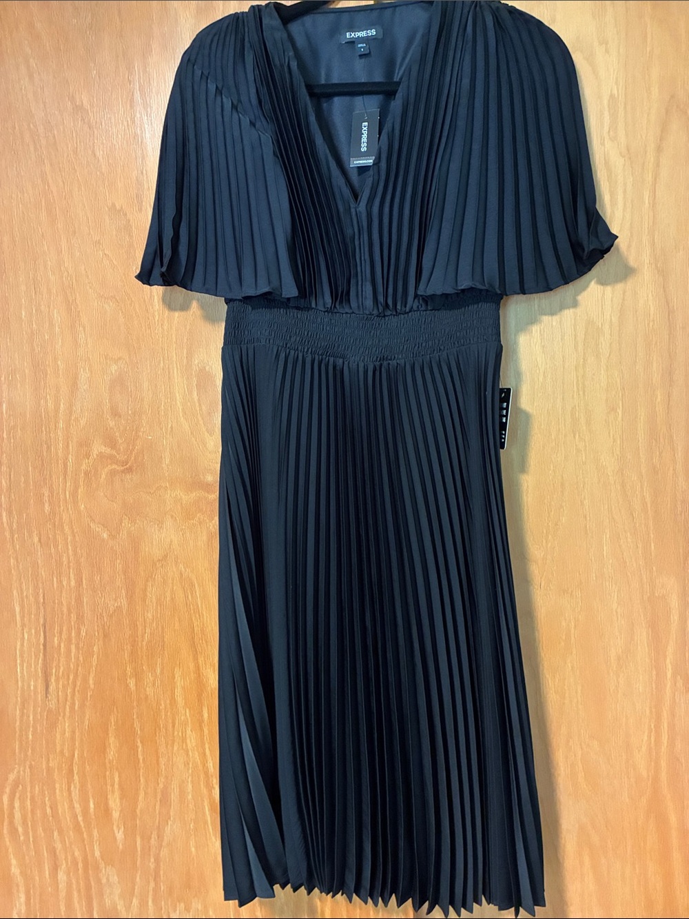 Express Black Pleated V-Neck Smocked-Waist Midi Dress